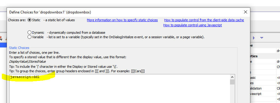 Define Choices dialog for a DropDownBox control with Static selected and javascript:dd1 specified in the static choices text area